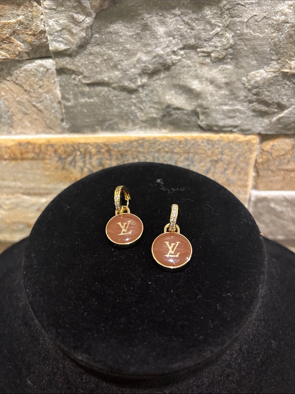 Gold Plated Pave Hoop Earrings with (skittle) Brown Enamel LV Discs